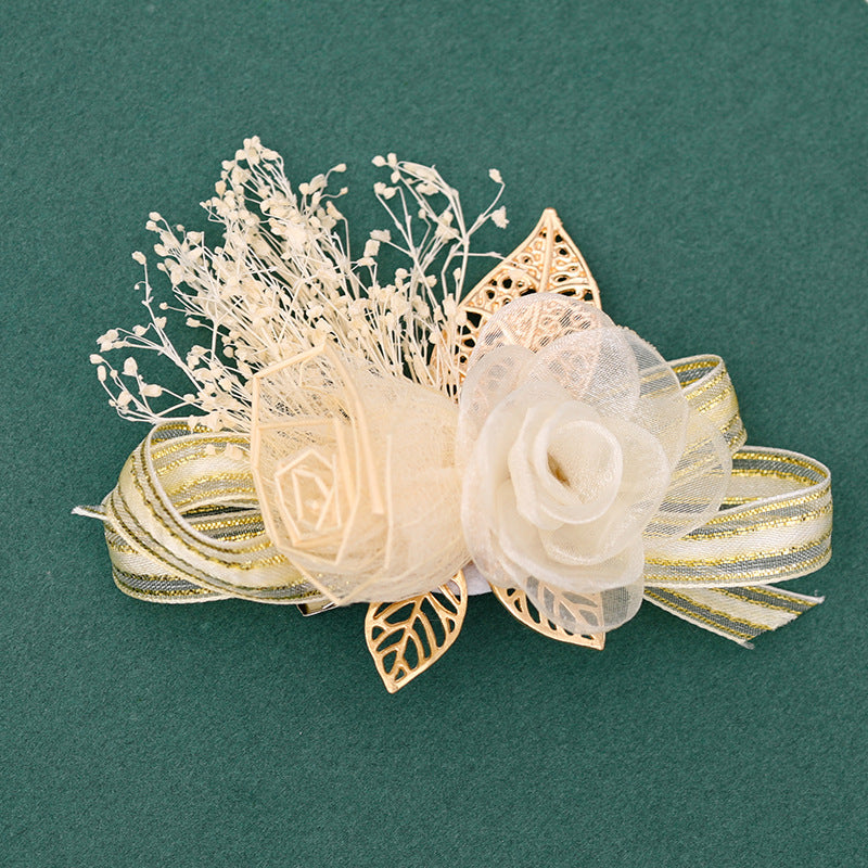 Golden Champagne Dried Flower Rose Bride Wedding Groom Corsage